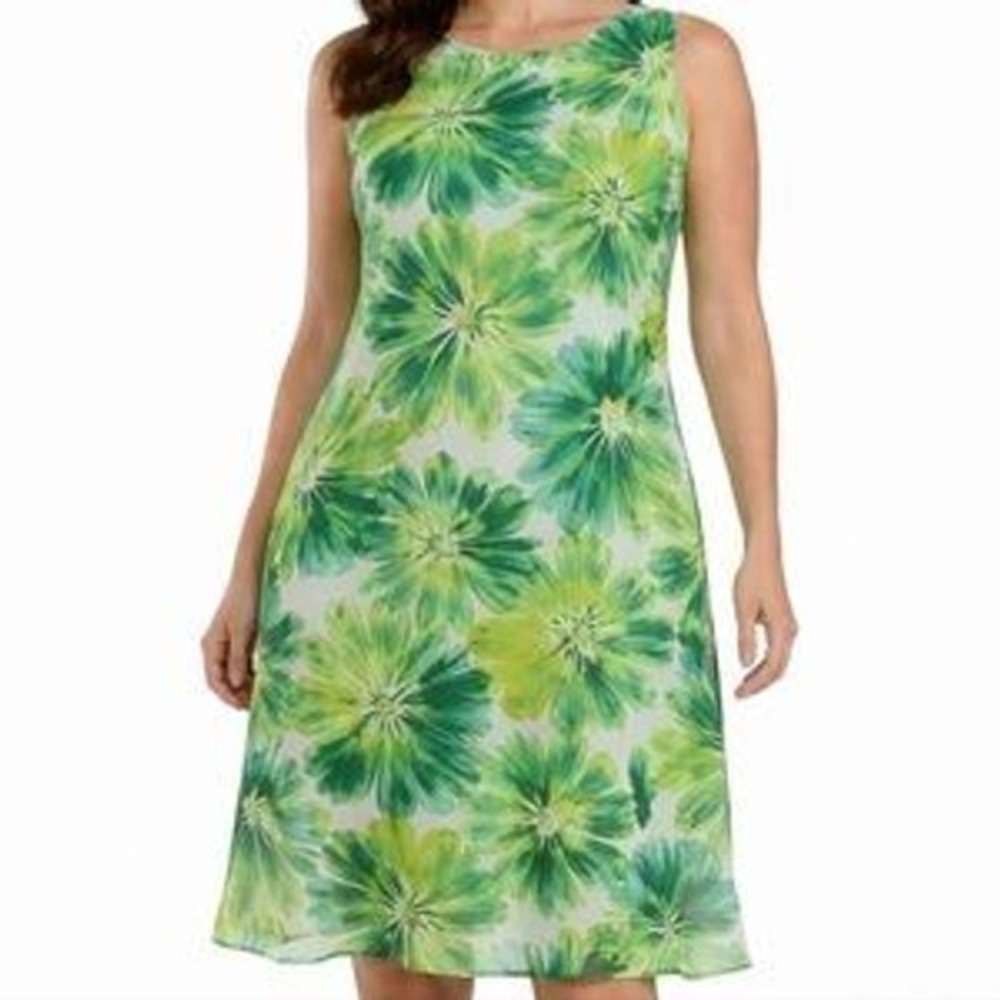 Calvin Klein Green Floral Watercolor Chiffon Sleeveless Shift‎ Dress Plus 16W